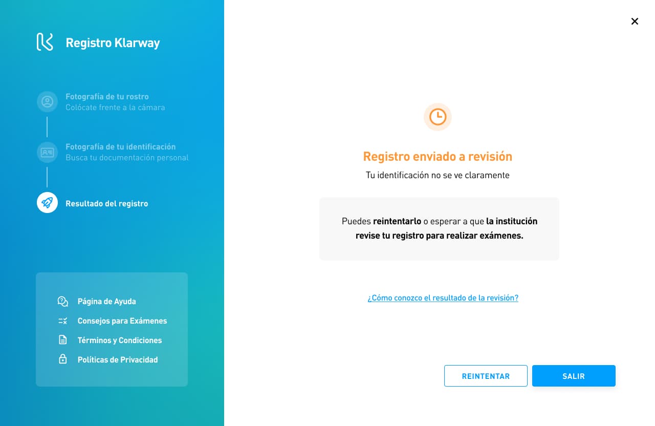 Pantalla de registro en revisión