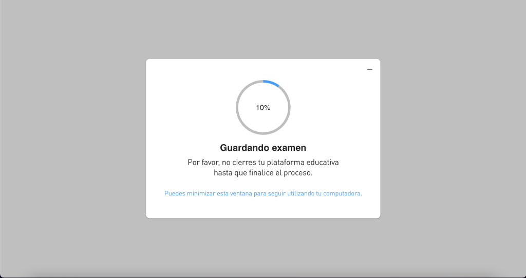 Pantalla de guardado del examen finalizado
