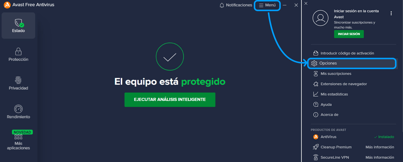 Menú de opciones en Avast Antivirus
