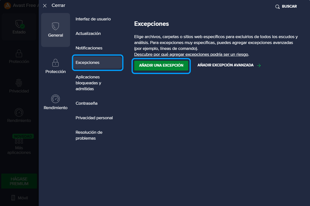 Sección Excepciones en Avast