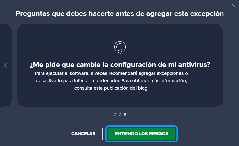 Selección de Klarway como excepción en Avast