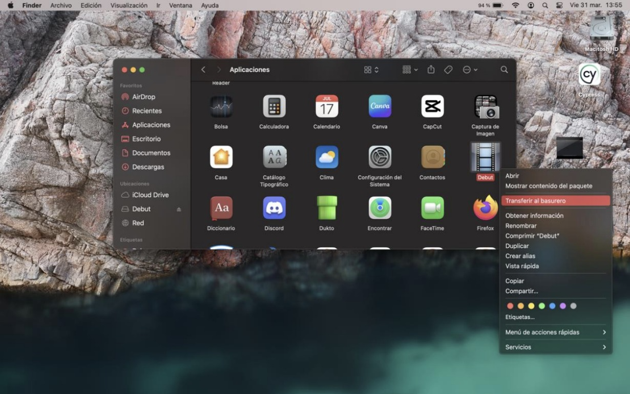 Opción Transferir al basurero en el menú contextual de Mac