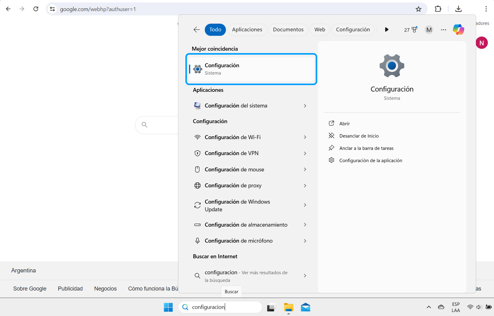 Pantalla de Configuración de Windows