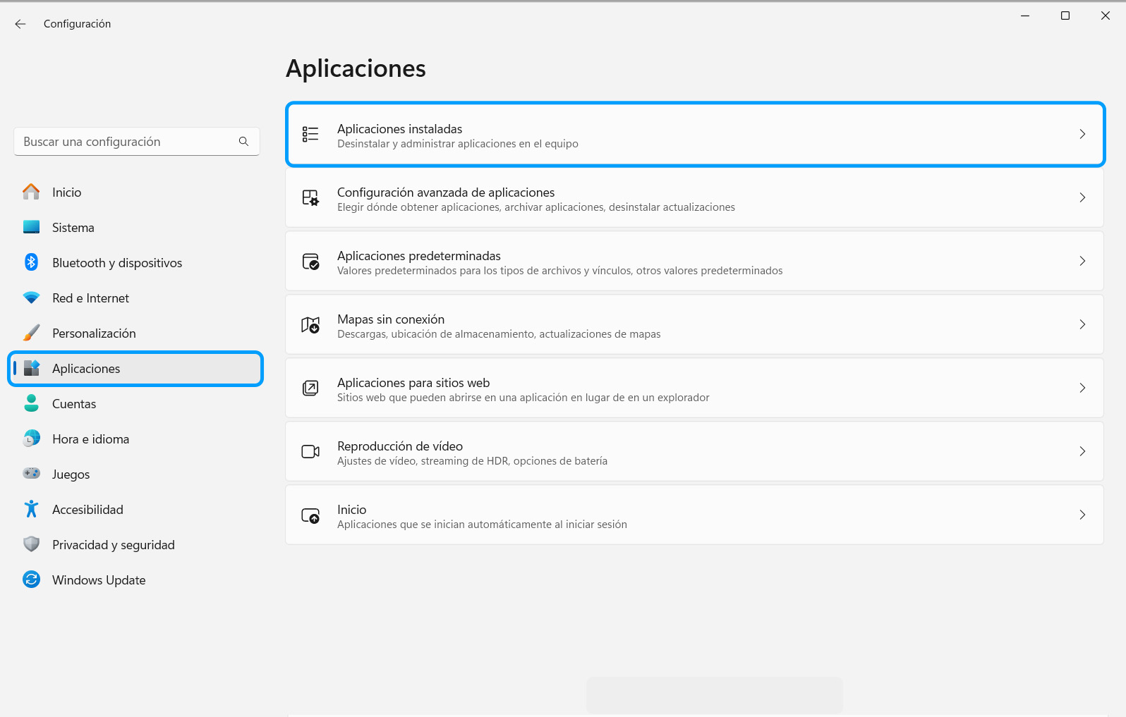 Sección Aplicaciones instaladas en Windows