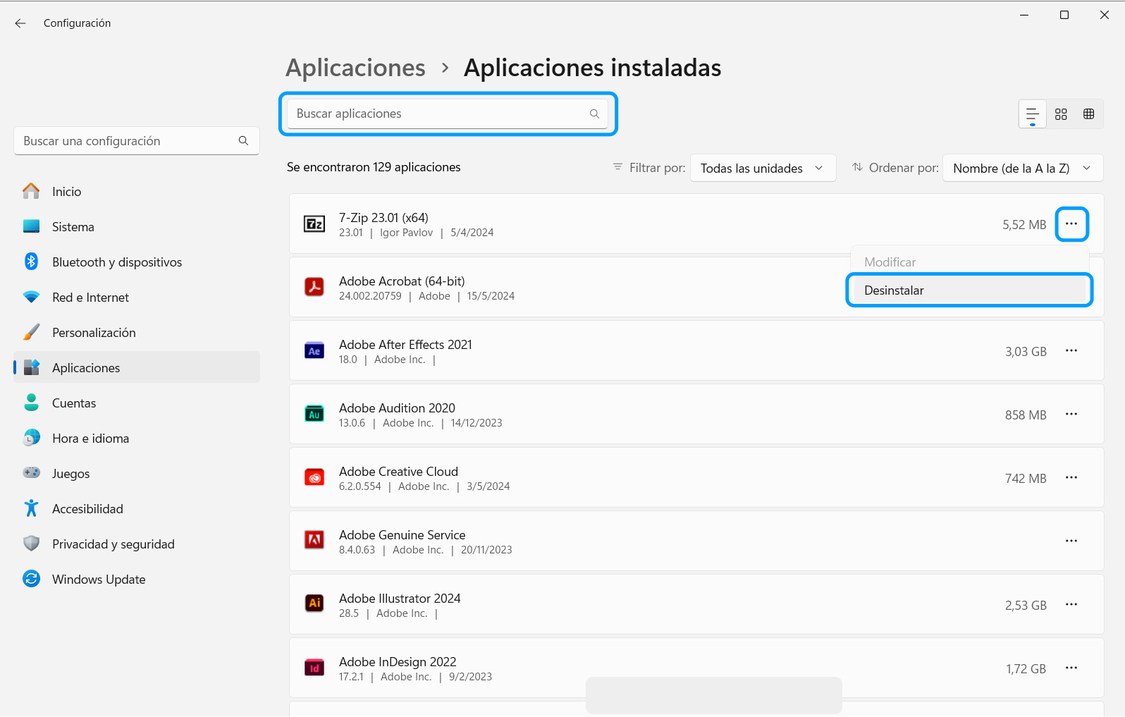 Opción Desinstalar en la lista de aplicaciones