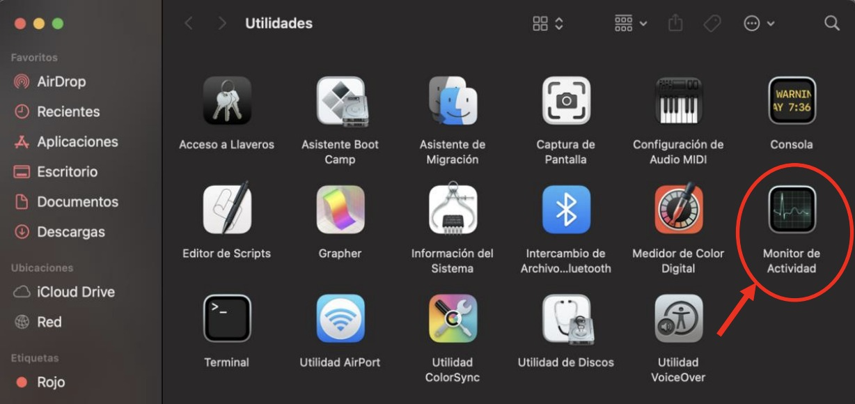 Monitor de Actividad en la carpeta Utilidades