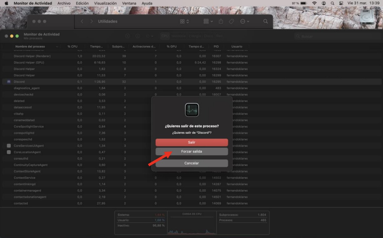Diálogo Forzar salida en Mac